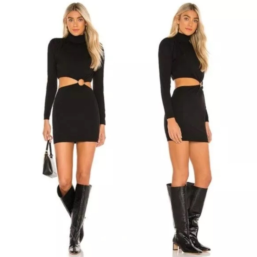 NBD Candace Ring Cut-Out Turtle Neck Long Sleeve Black Mini Cocktail Dress Sz M